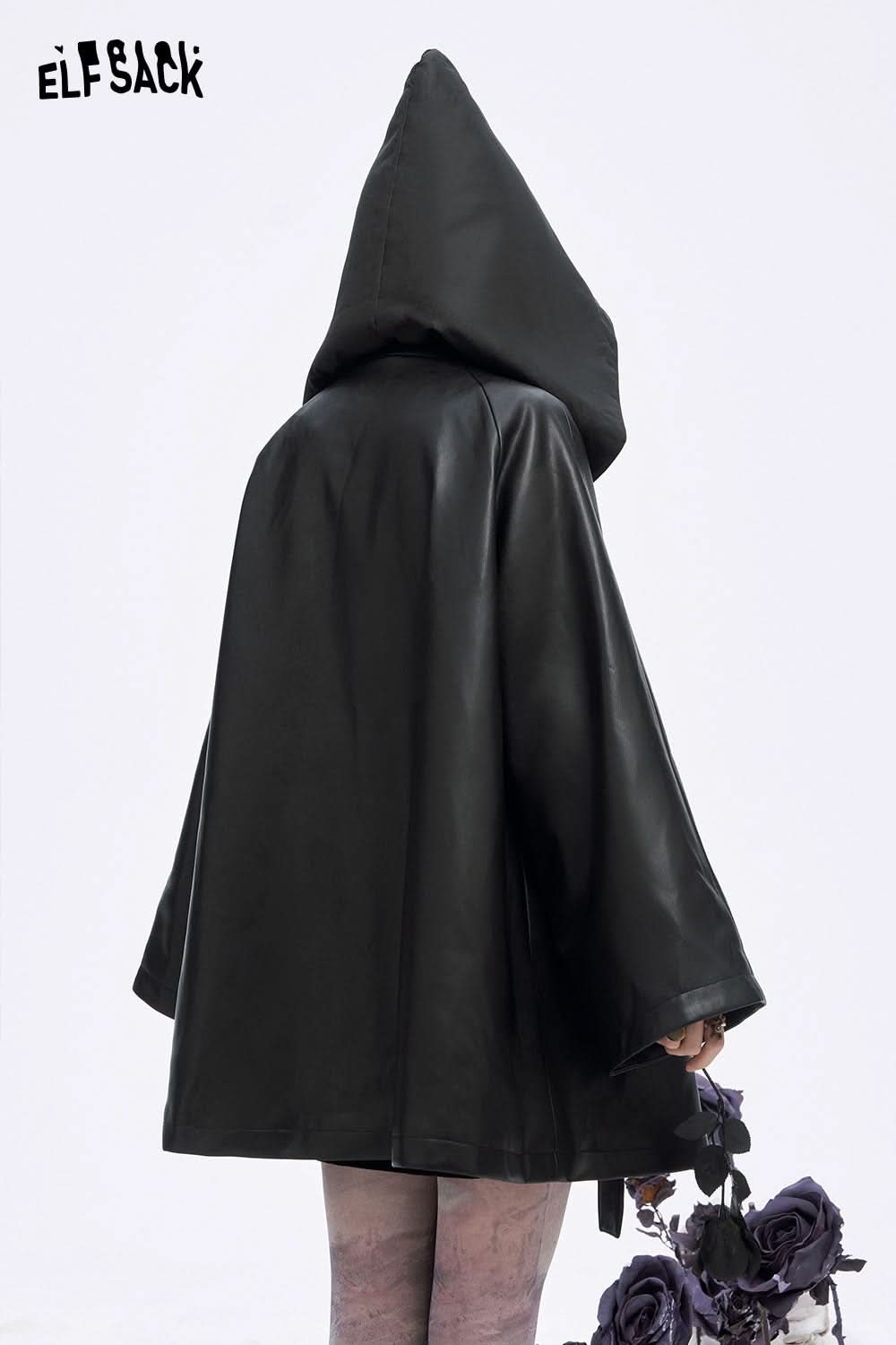 Back view of ELFSACK women's leather hooded coat featuring a large hood and stylish design