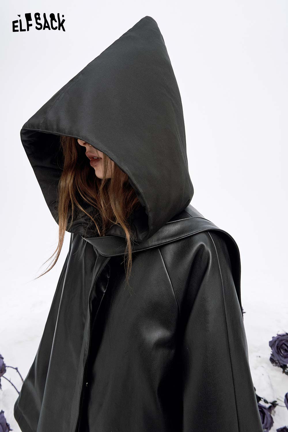 ELFSACK women's leather hooded coat with a stylish oversized design and deep hood