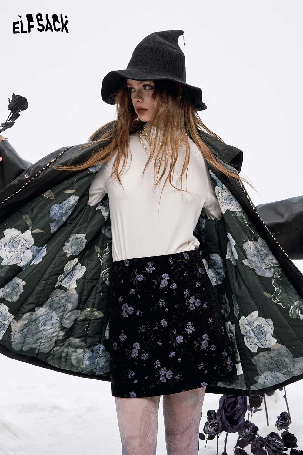 ELFSACK women's leather hooded coat with floral lining, stylish and warm for chilly weather