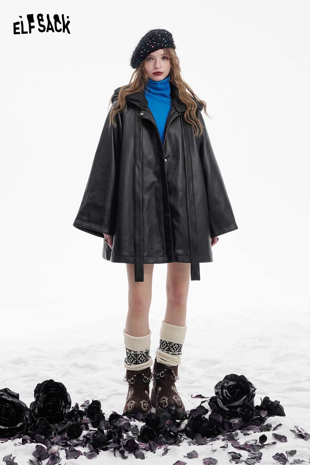 ELFSACK women's leather hooded coat in black with a stylish silhouette and oversized design
