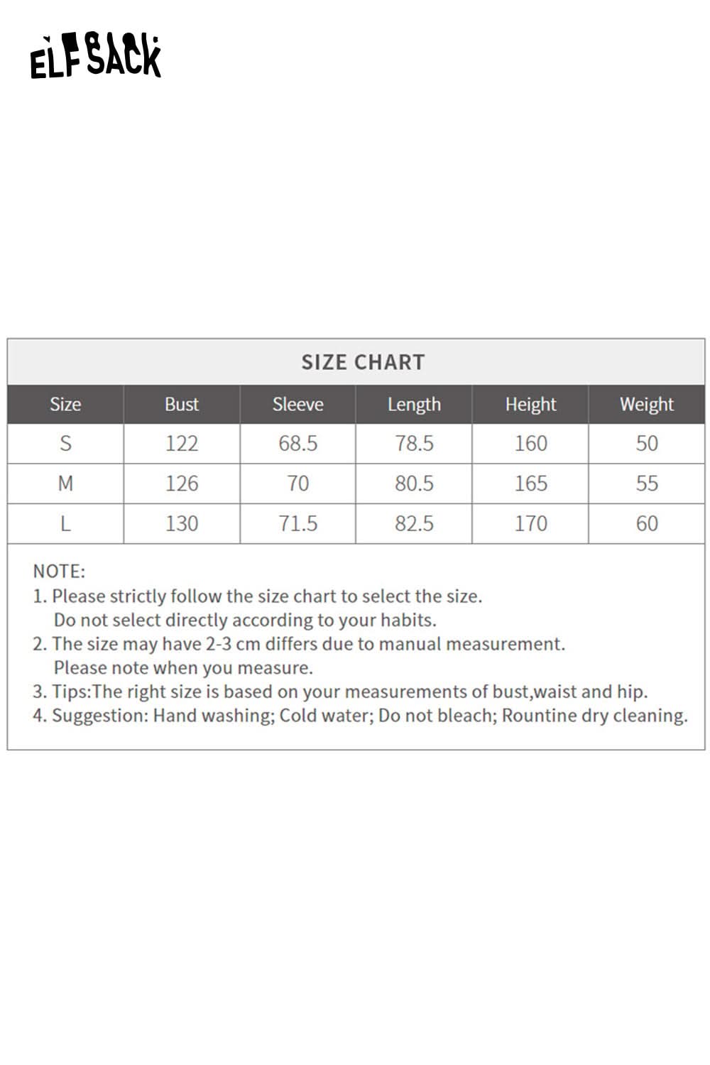 Size chart for ELFSACK women's leather hooded coat with measurement details for S, M, and L sizes