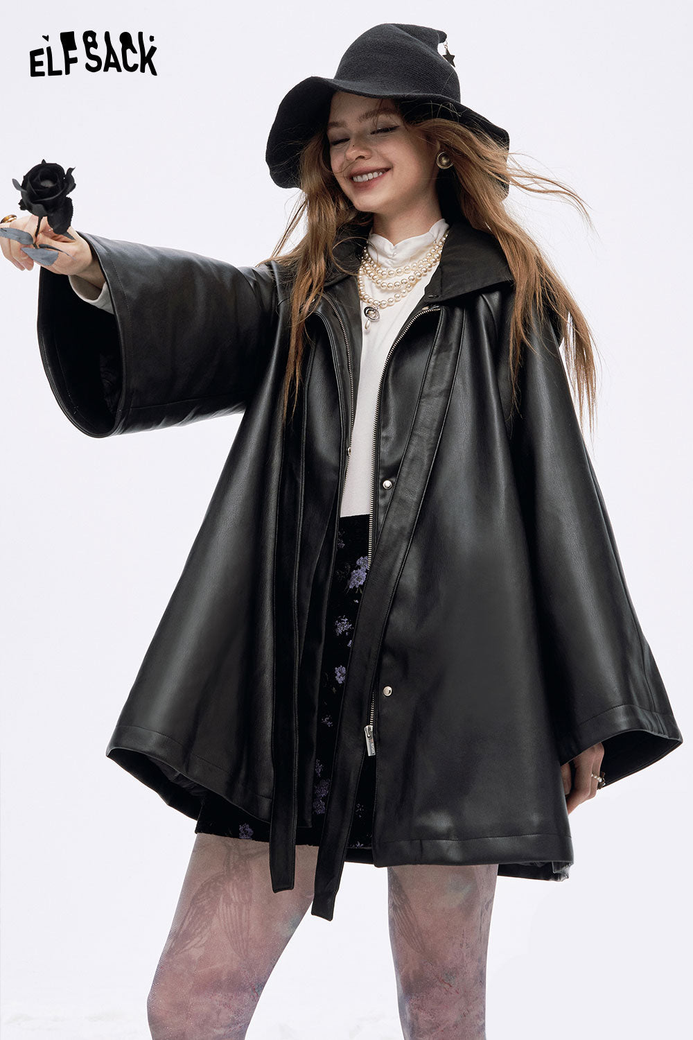 ELFSACK women's leather hooded coat with wide sleeves and stylish design for trendy outfits