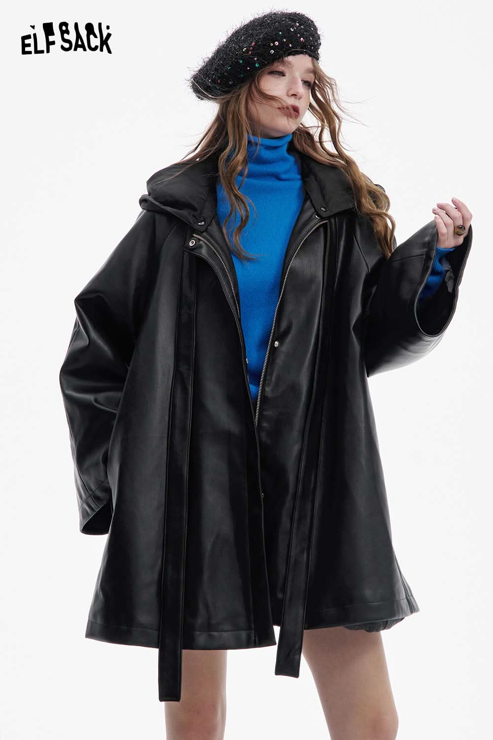 ELFSACK women's leather hooded coat in black with oversized fit and stylish design
