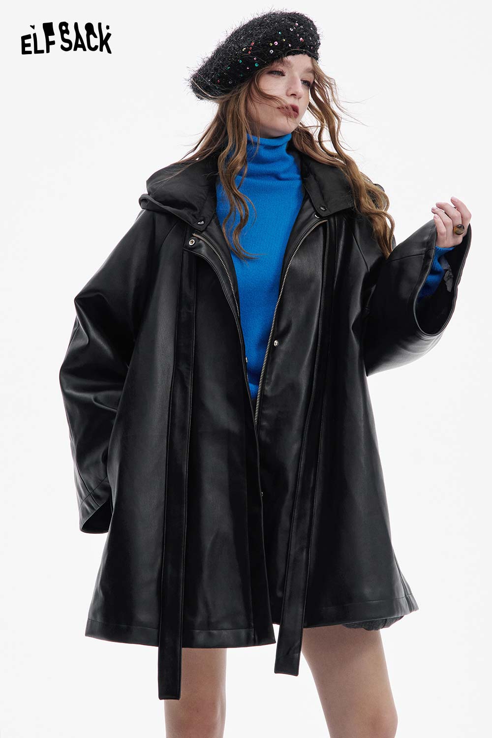 ELFSACK women's leather hooded coat in black with oversized fit and stylish design