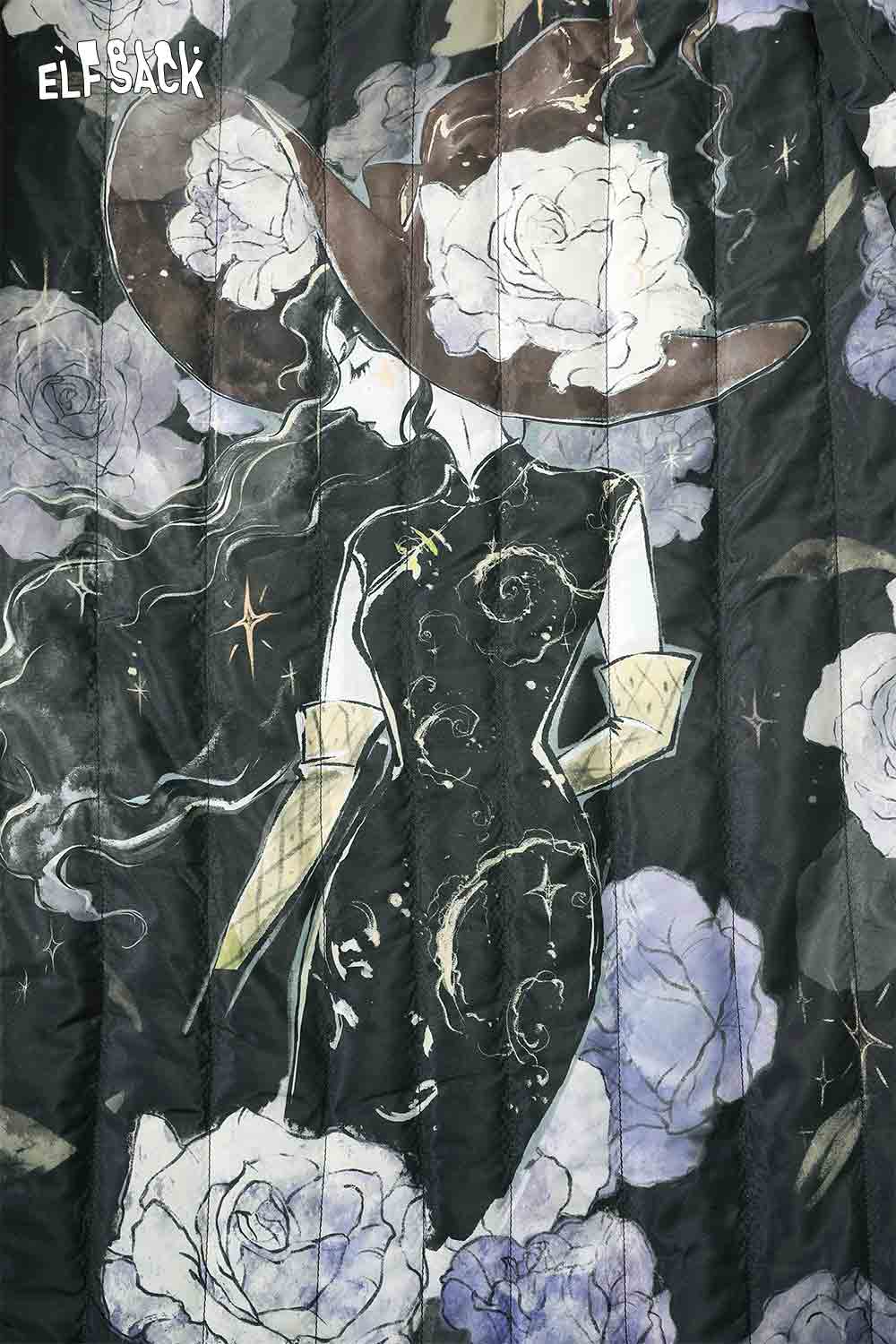 ELFSACK women's leather hooded coat featuring a stylish floral design and elegant silhouette