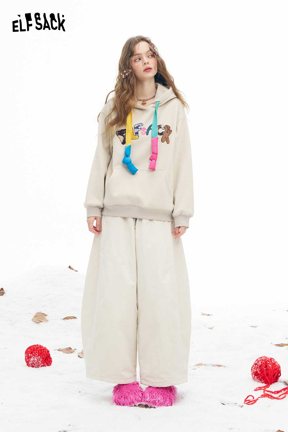 ELFSACK women's letter graphic hoodie in beige with colorful embellishments and playful designs