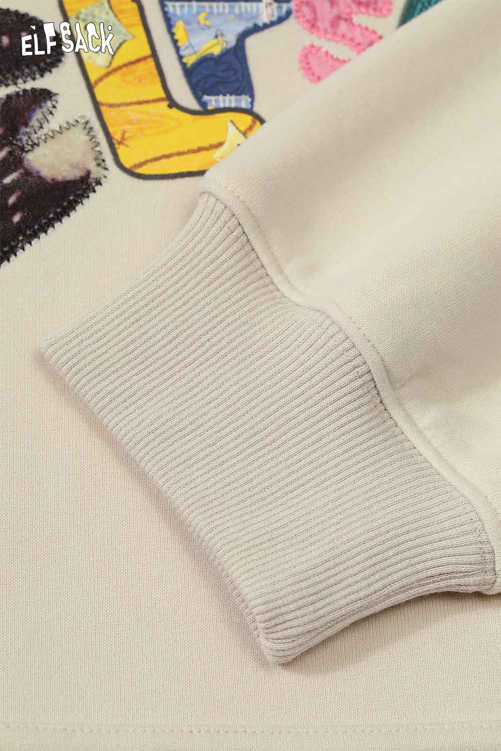 ELFSACK women's letter graphic hoodie featuring colorful designs on soft fabric with ribbed cuffs