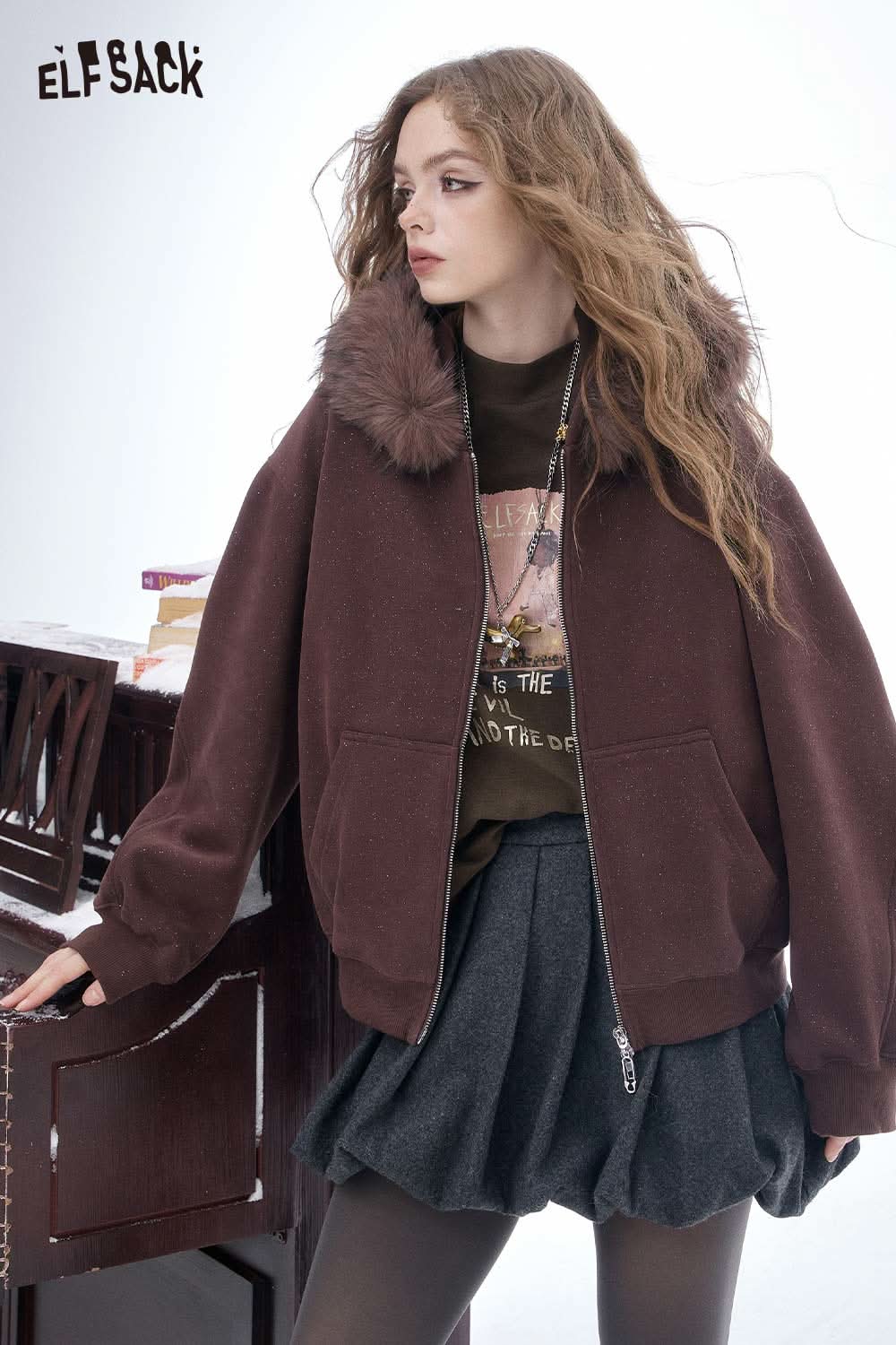 ELFSACK women's letter graphic long sleeve t-shirt styled with a brown bomber jacket and skirt