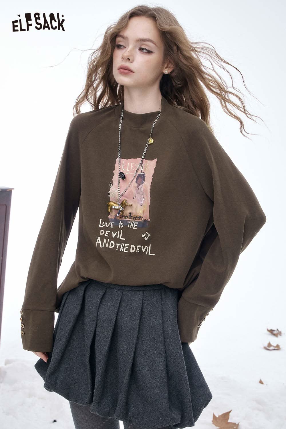 ELFSACK women's letter graphic long sleeve t-shirt in brown with unique art design and relaxed fit