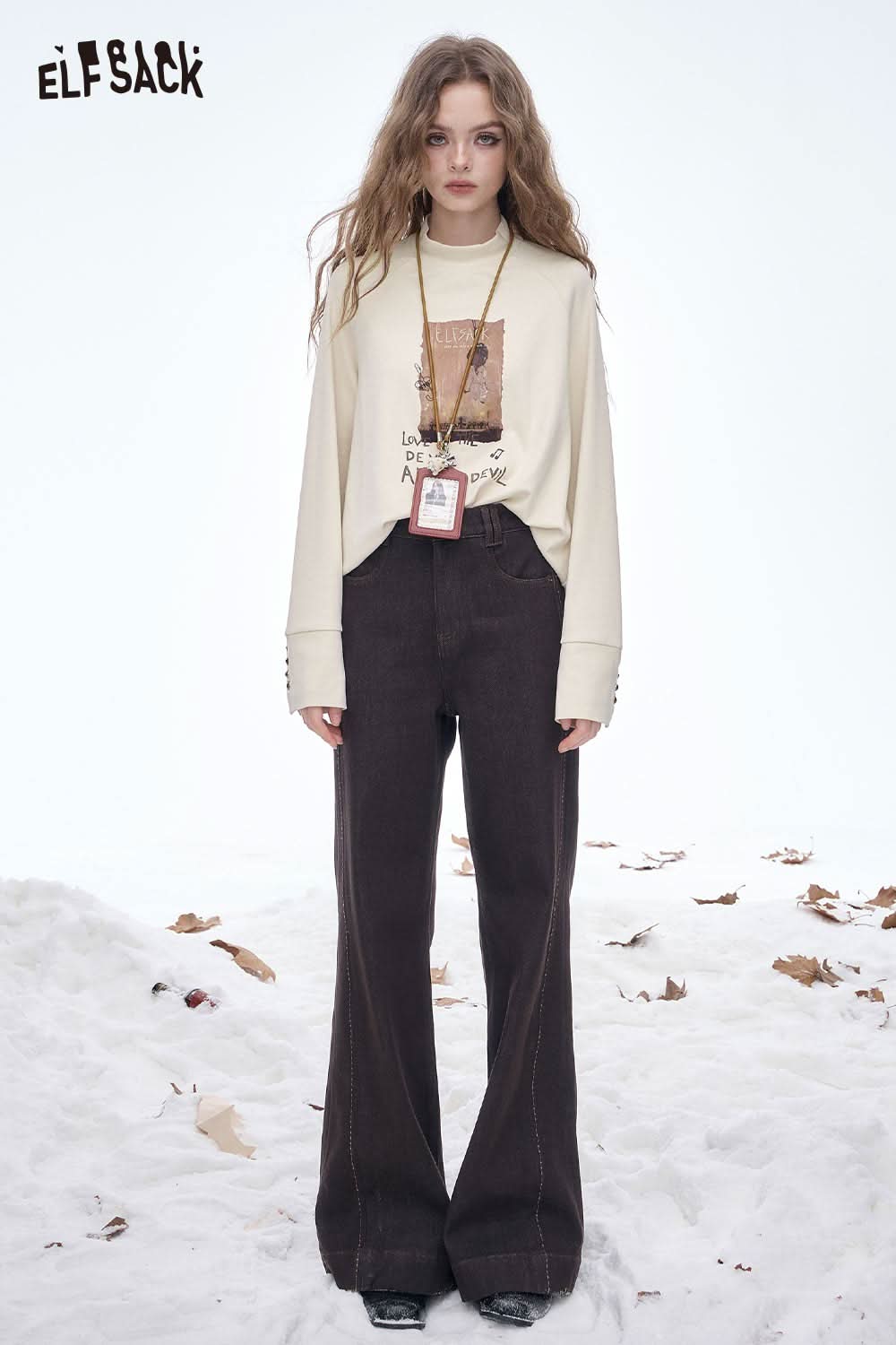 ELFSACK women's letter graphic long sleeve t-shirt paired with wide-leg pants for a stylish look