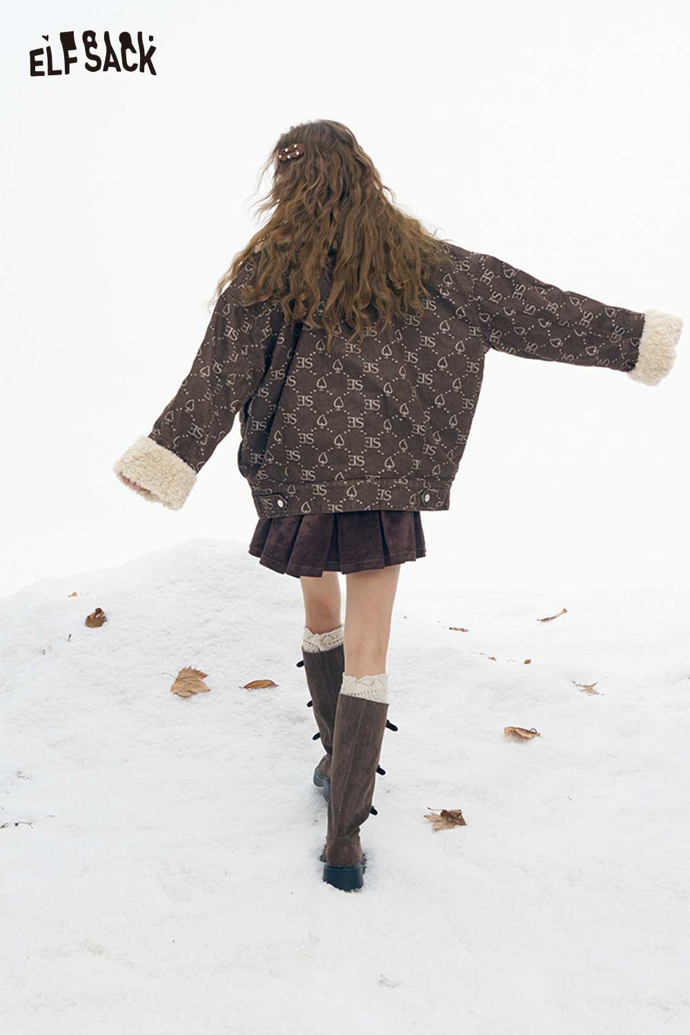 ELFSACK women's letter graphic plush coat in brown with fluffy cuffs, perfect for stylish winter wear