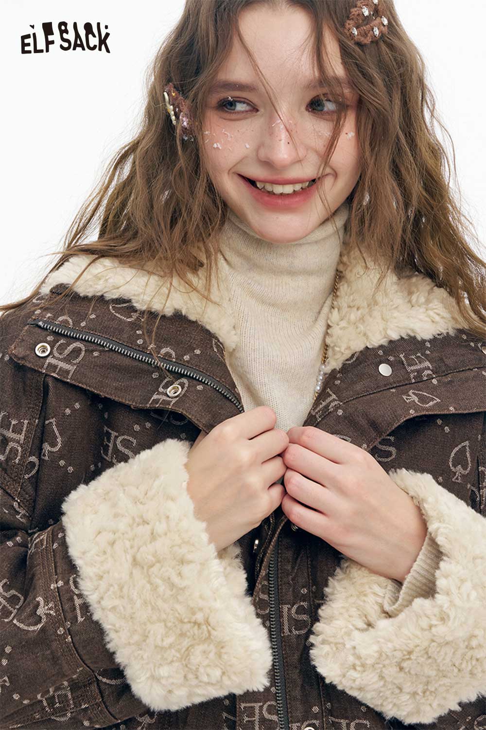 ELFSACK women's letter graphic plush coat with soft fleece lining and stylish design for warmth