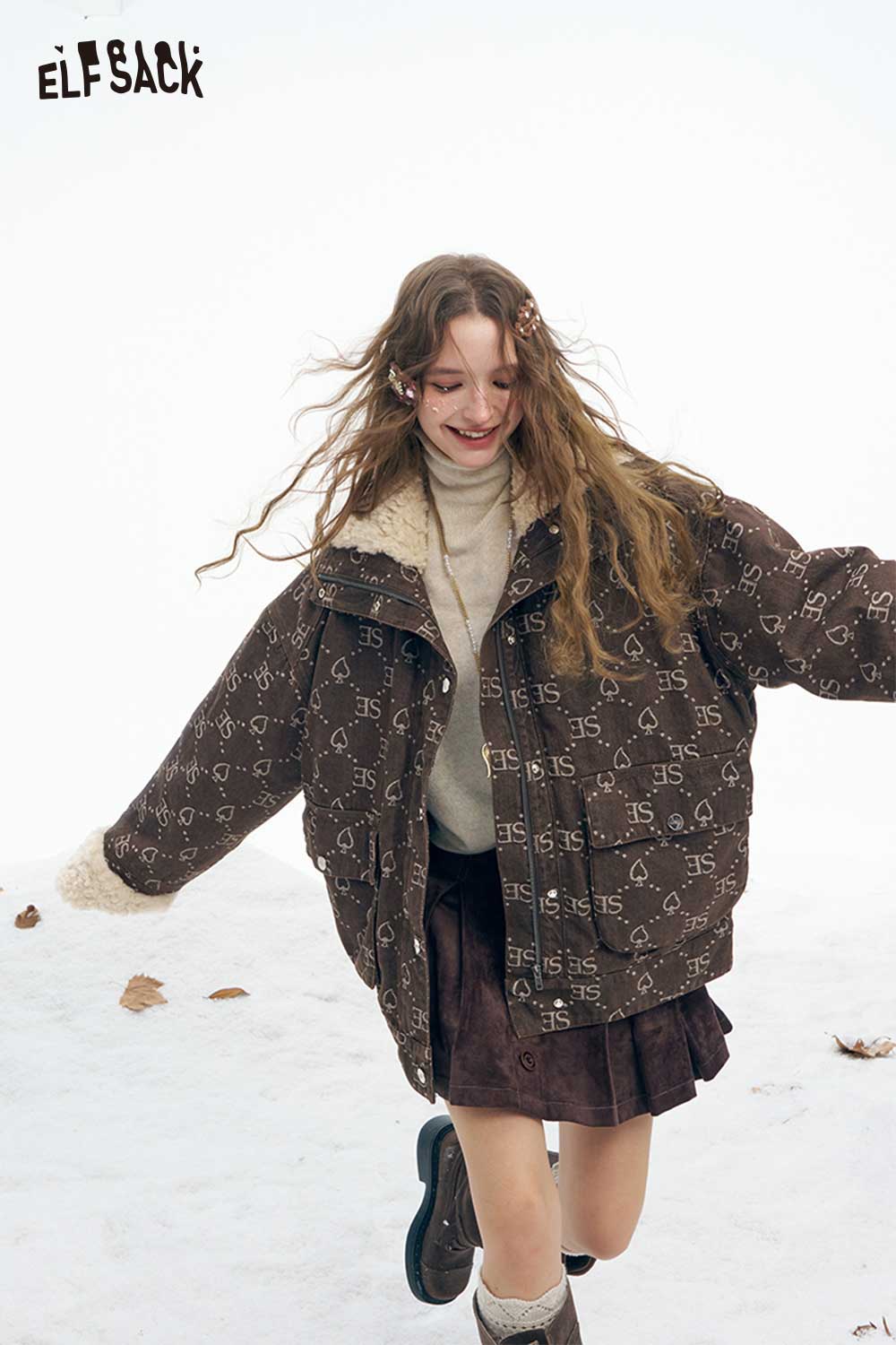 ELFSACK women's letter graphic plush coat in brown with stylish print and cozy fit, perfect for winter fashion