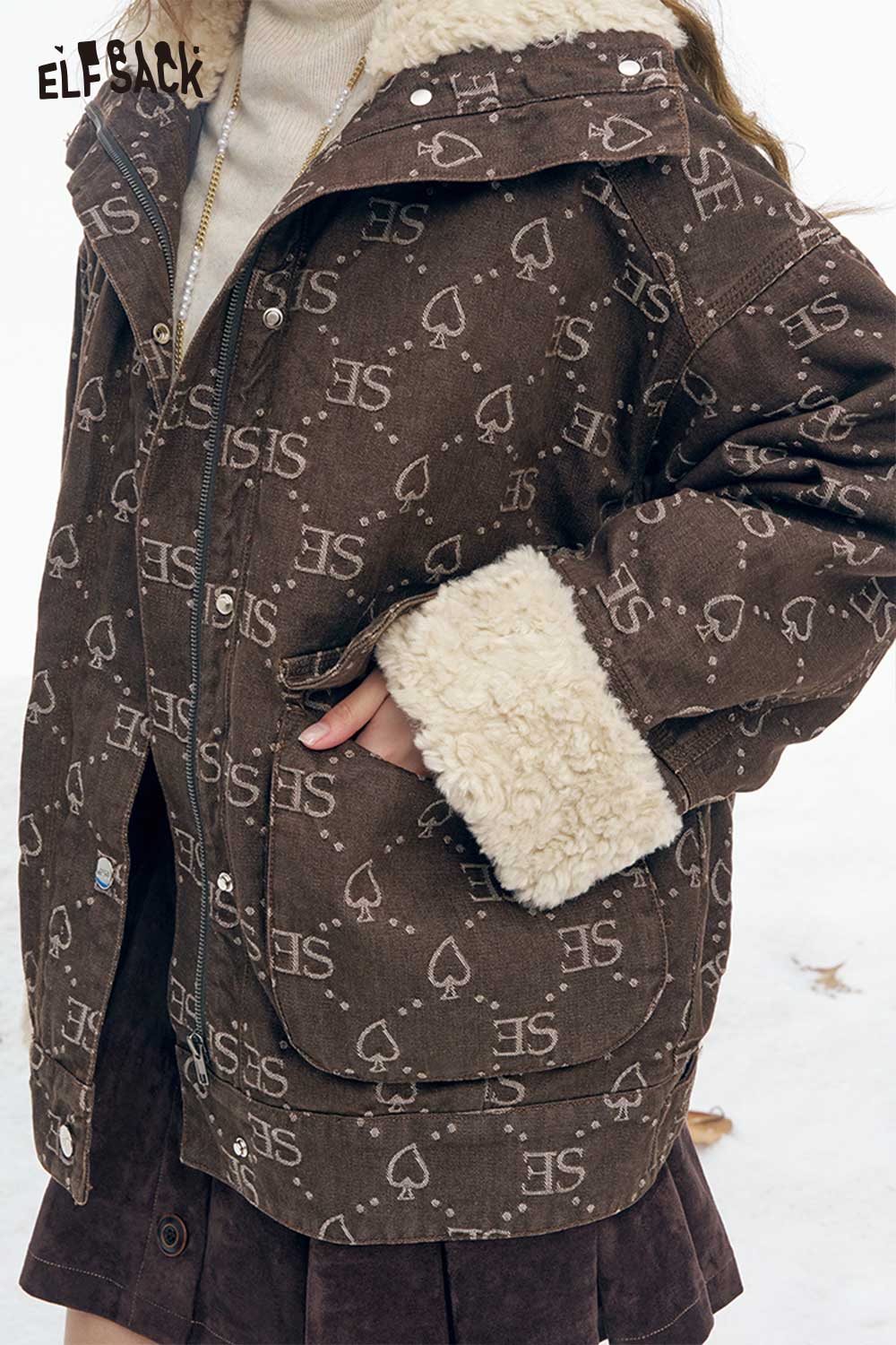 ELFSACK women's letter graphic plush coat in brown with heart patterns and cozy lining
