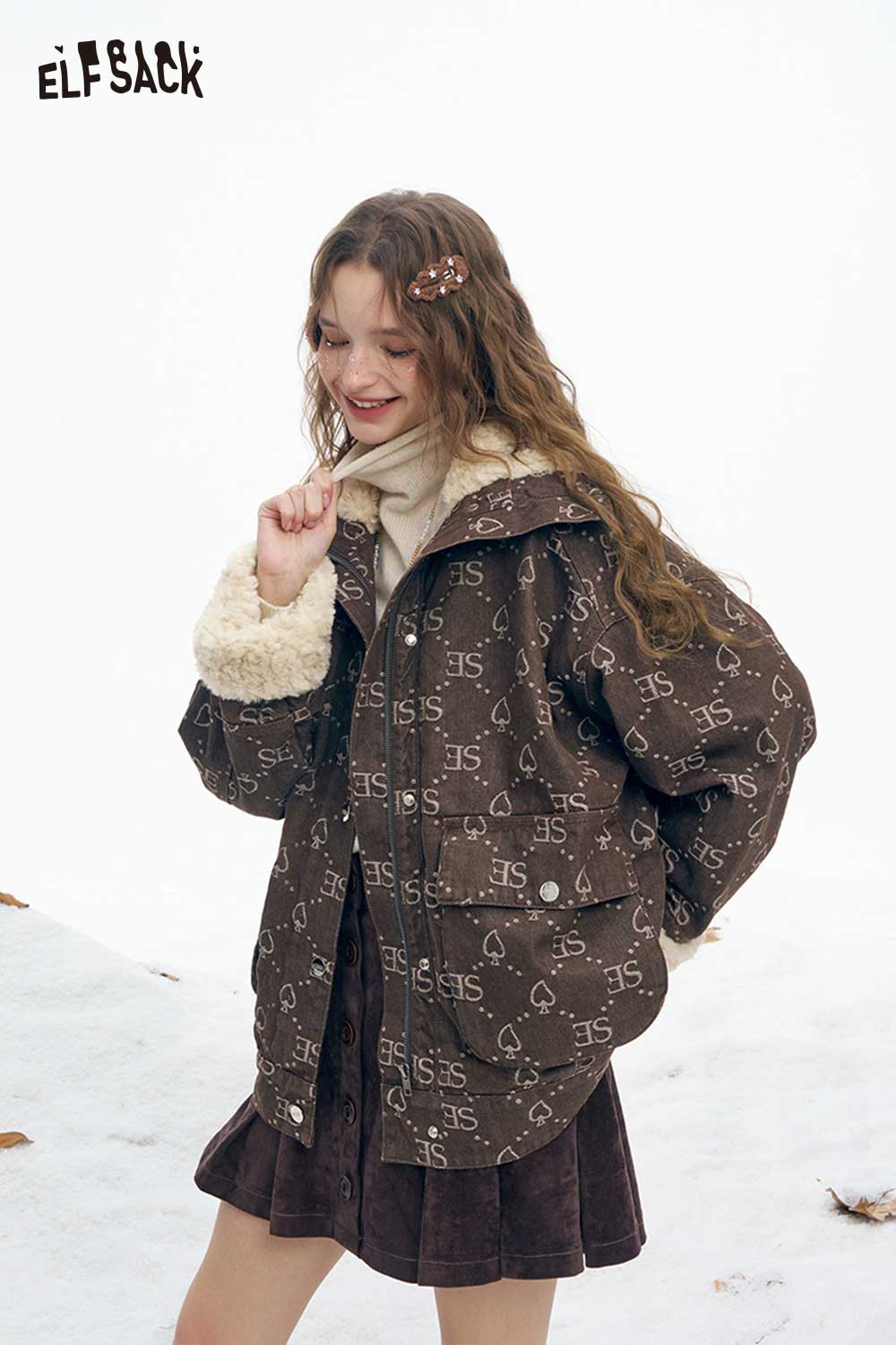 ELFSACK women's letter graphic plush coat in brown with cozy fabric and stylish design for winter wear