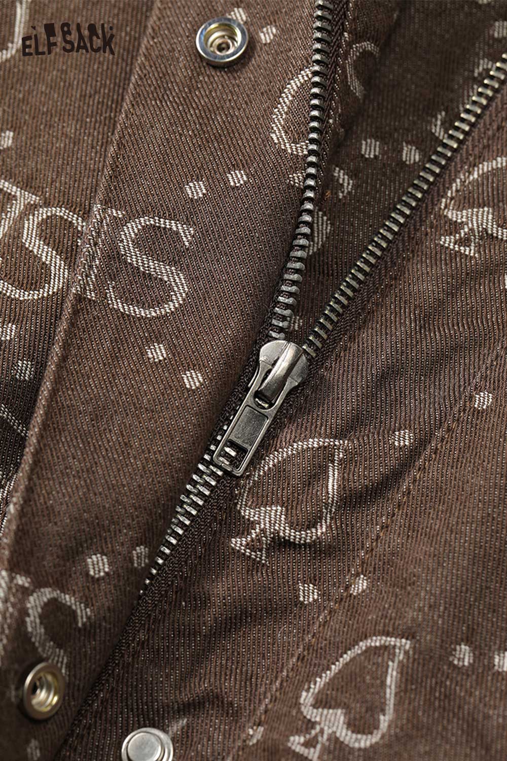 Close-up of ELFSACK women's letter graphic plush coat with detailed zipper and unique pattern