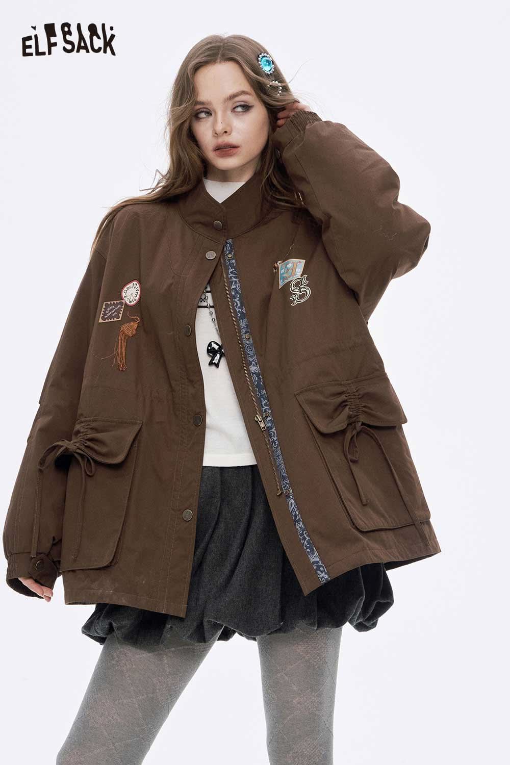 ELFSACK women's letter star embroidery jacket in brown with unique patches and styling