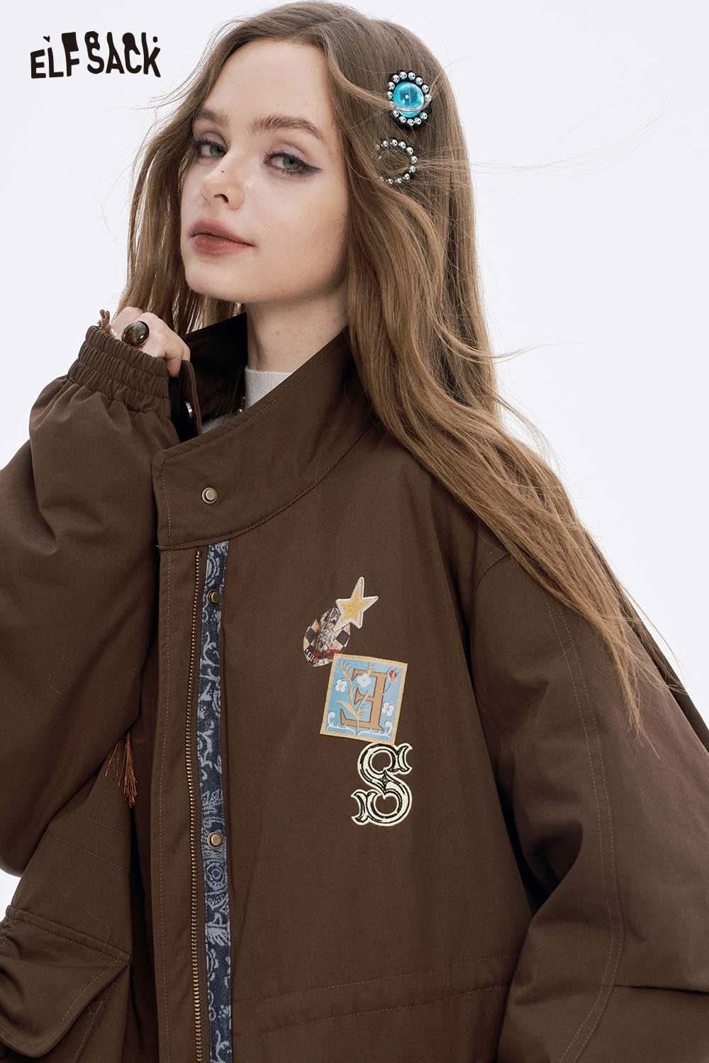 ELFSACK women's letter star embroidery jacket in brown with unique patches and a stylish design