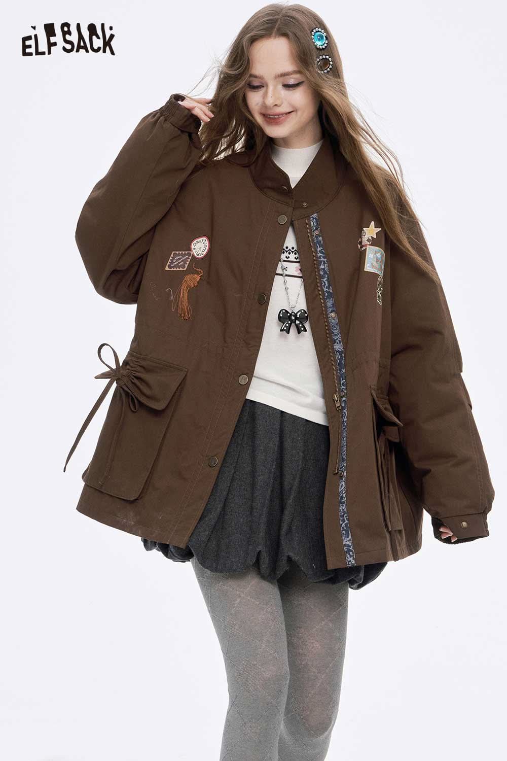 ELFSACK women's letter star embroidery jacket in brown with unique patches and oversized fit