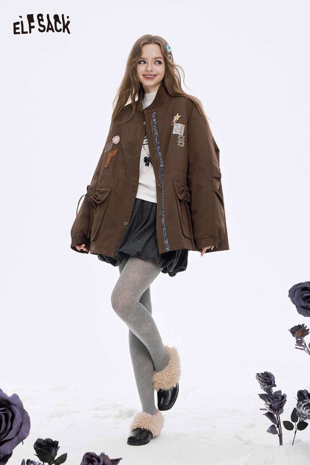 ELFSACK women's letter star embroidery jacket in brown with unique patches and stylish design