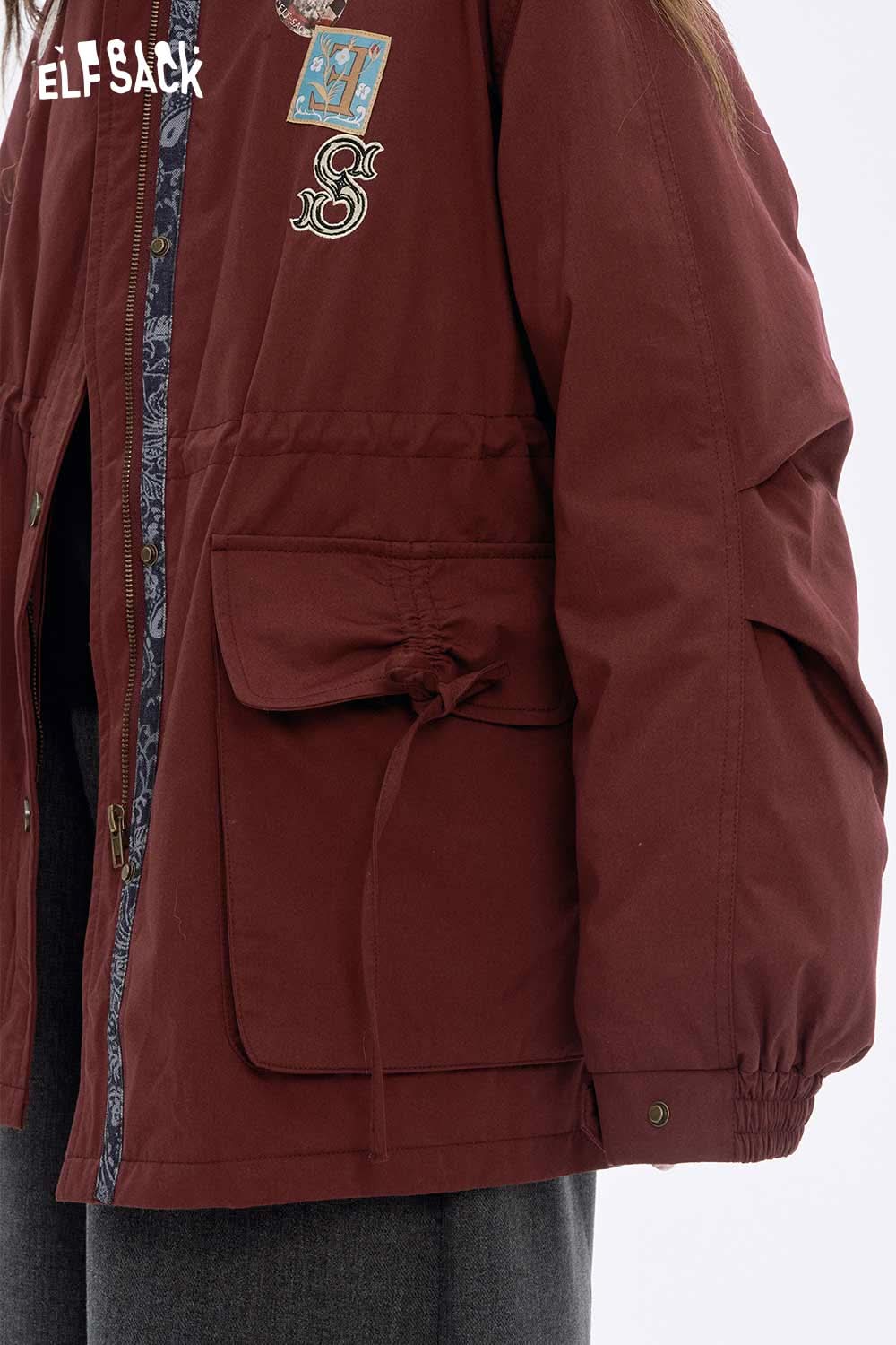 ELFSACK women's letter star embroidery jacket in burgundy with stylish patch details and adjustable cuffs