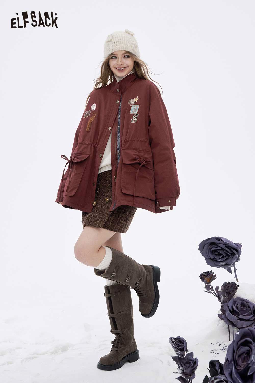 ELFSACK women's letter star embroidery jacket in maroon with pockets and stylish design