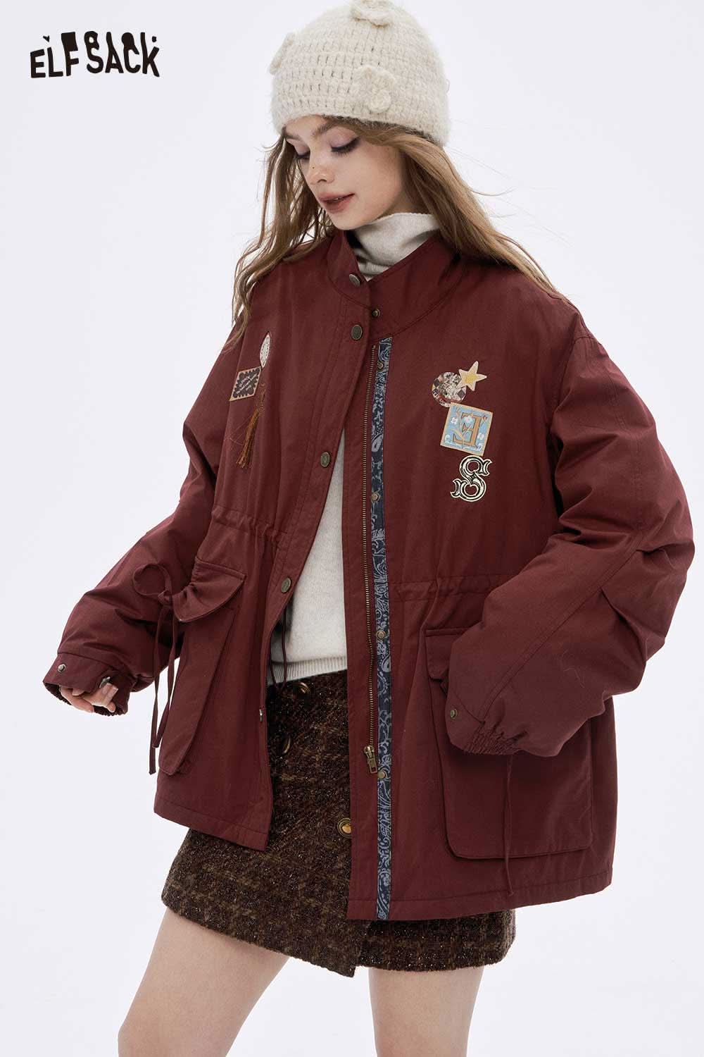 ELFSACK women's letter star embroidery jacket in maroon with unique patches and a relaxed fit