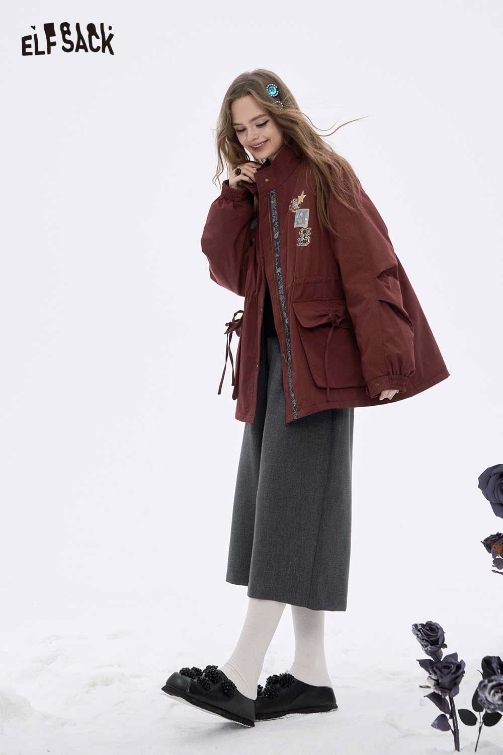 ELFSACK women's letter star embroidery jacket in burgundy with trendy pockets and stylish design