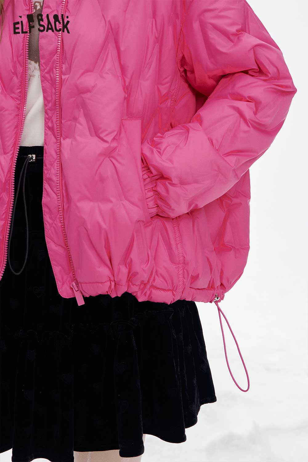 ELFSACK women's light down jacket in vibrant pink with elastic hem for a stylish and comfortable fit