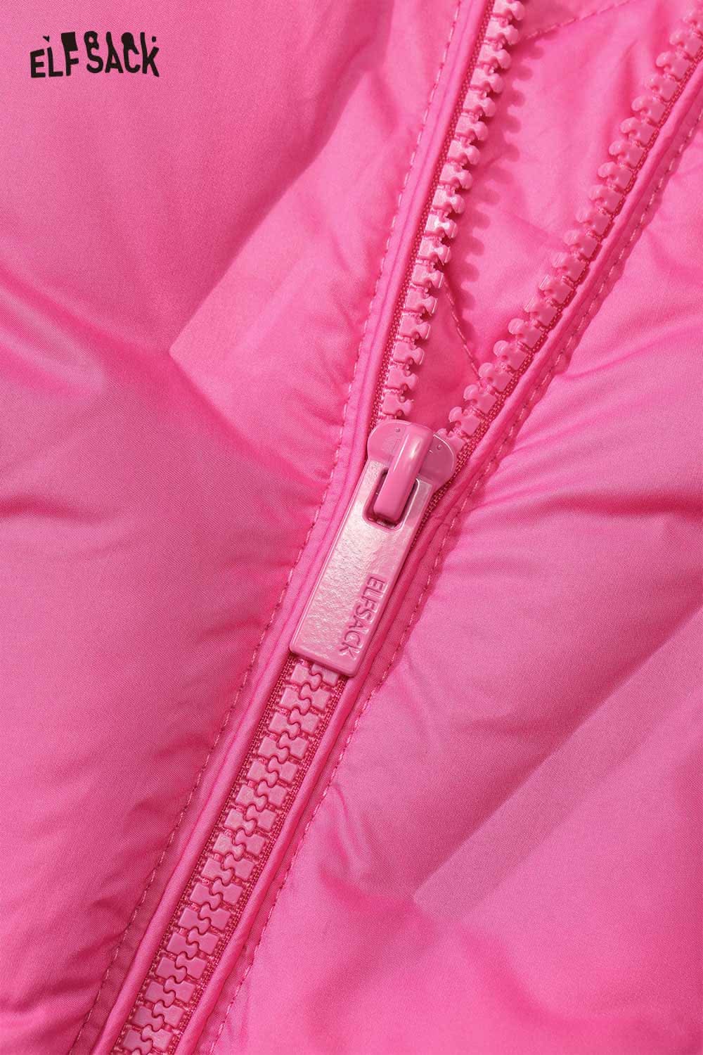 Close-up of ELFSACK women's light down jacket in vibrant pink featuring a sturdy zipper design