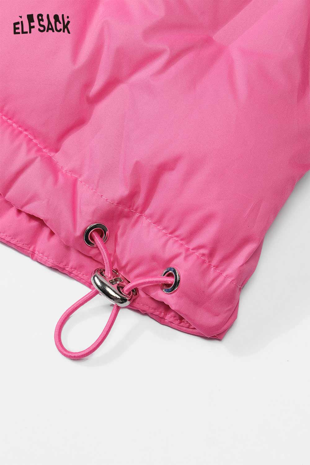 Close-up of ELFSACK women's light down jacket featuring a drawstring hem in vibrant pink color