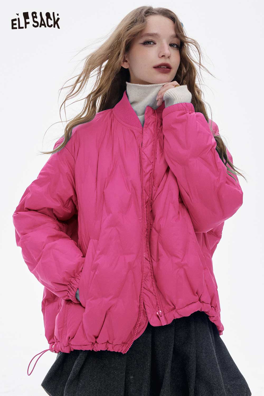 ELFSACK women's light down jacket in vibrant pink, perfect for stylish winter warmth