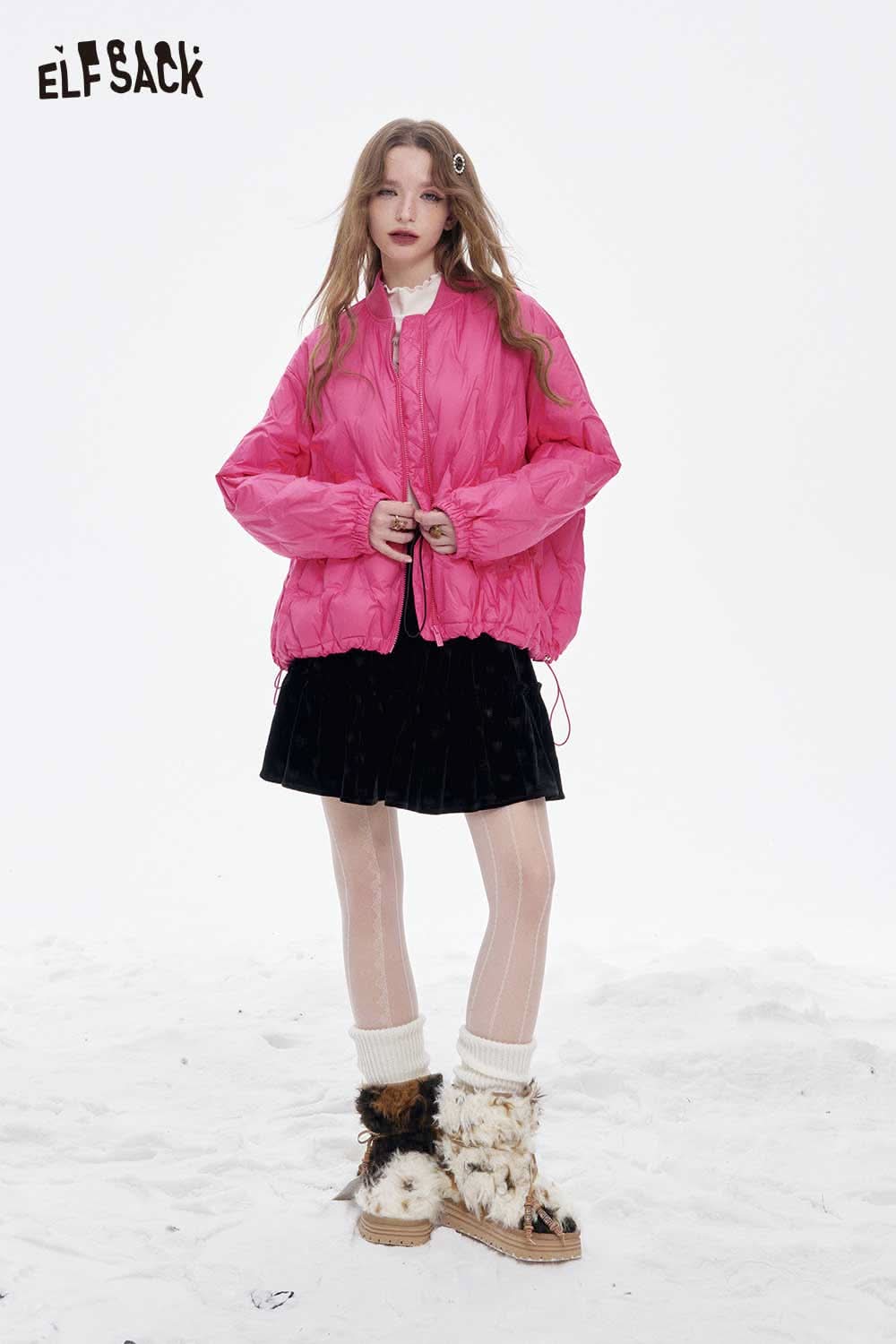 ELFSACK women's light down jacket in vibrant pink, featuring a comfy fit and stylish design