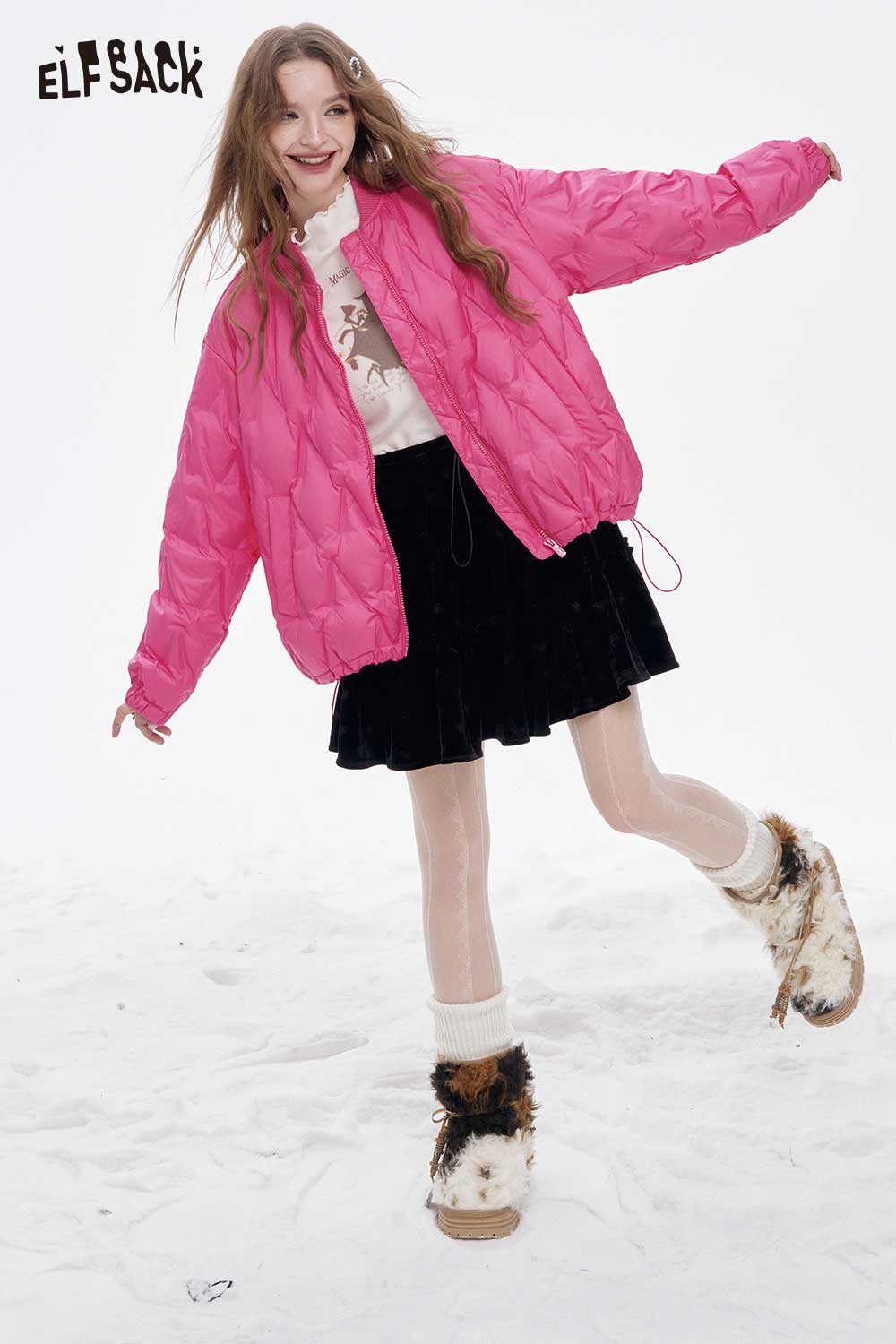 ELFSACK women's light down jacket in bright pink, styled with a black skirt and winter boots