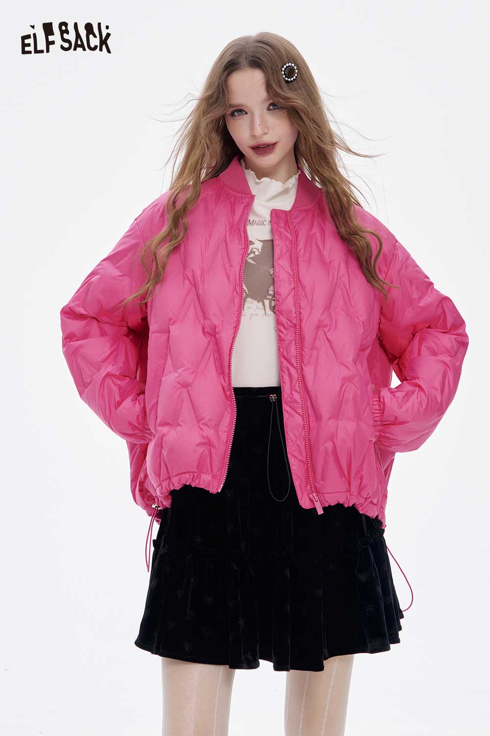 ELFSACK women's light down jacket in vibrant pink, styled with a black skirt and layered top