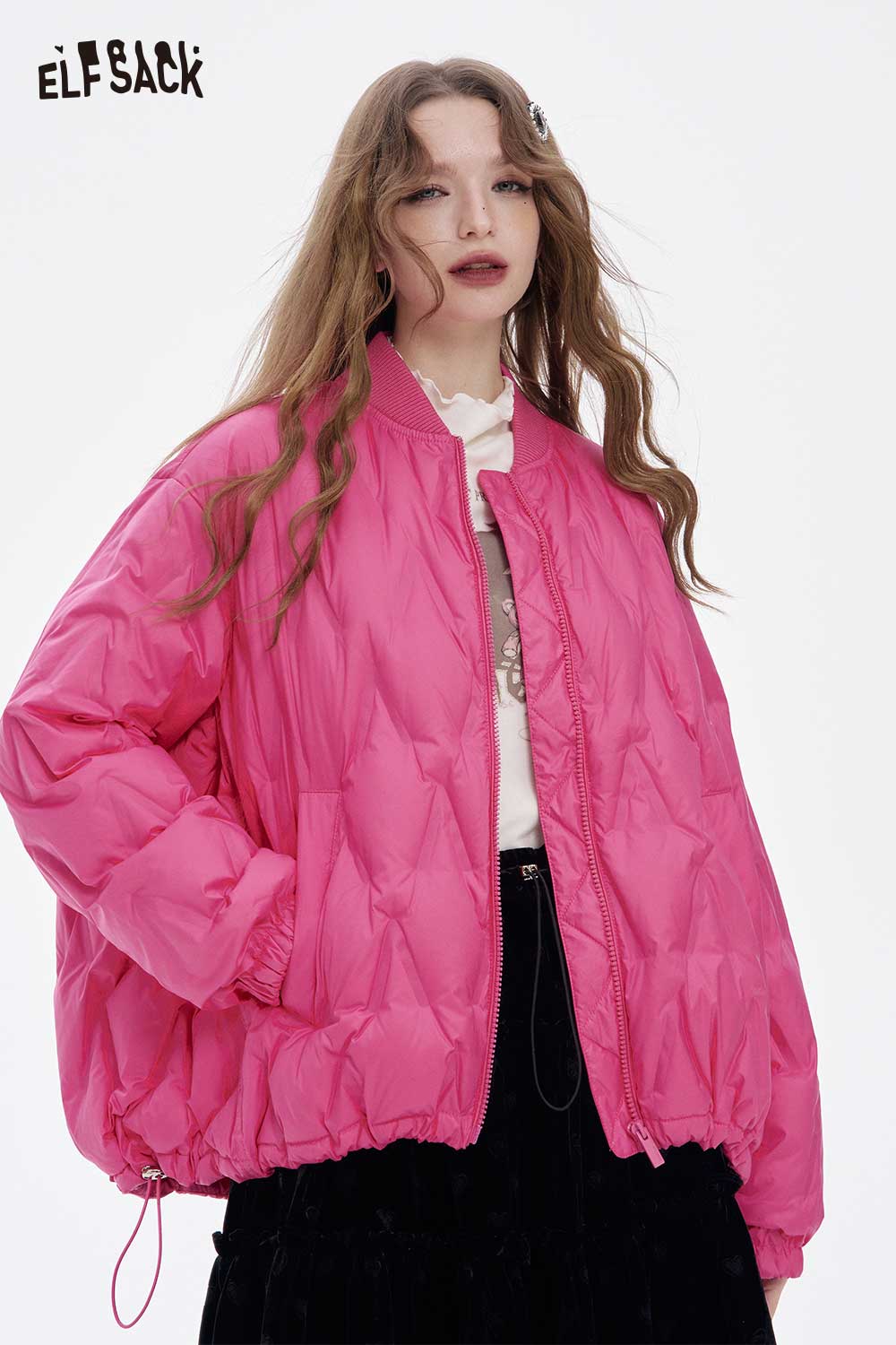 ELFSACK women's light down jacket in vibrant pink with a relaxed fit and stylish design