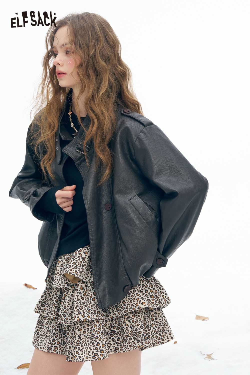 ELFSACK women's light leather jacket paired with a stylish skirt for a trendy look