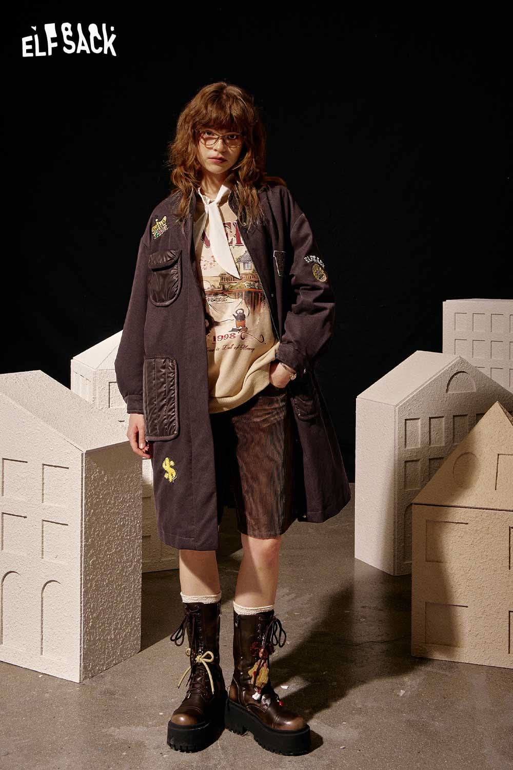 ELFSACK women's long cotton coat in dark color featuring stylish pockets and a relaxed fit