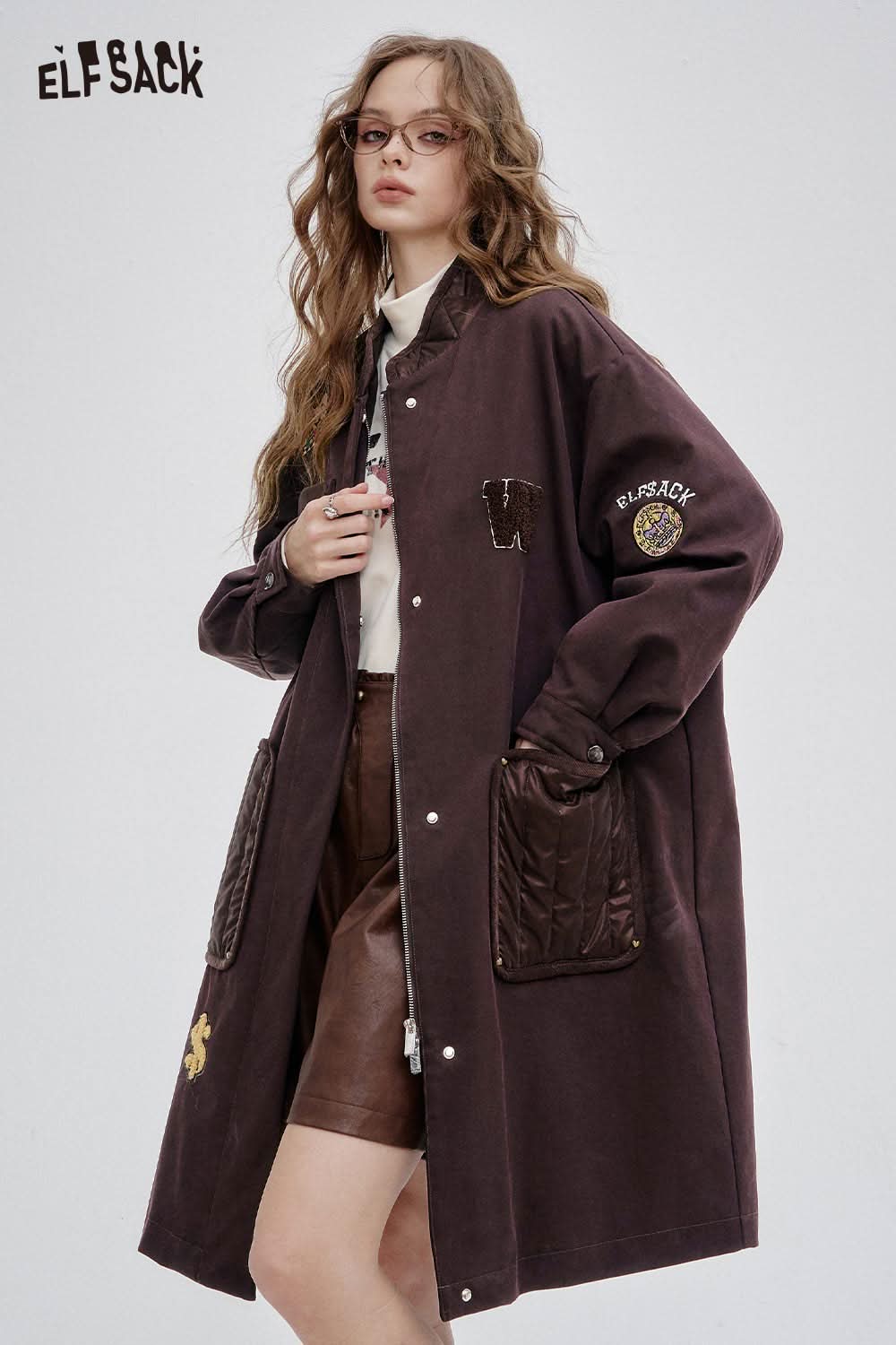 ELFSACK women's long cotton coat in brown with unique patches and pockets for stylish warmth