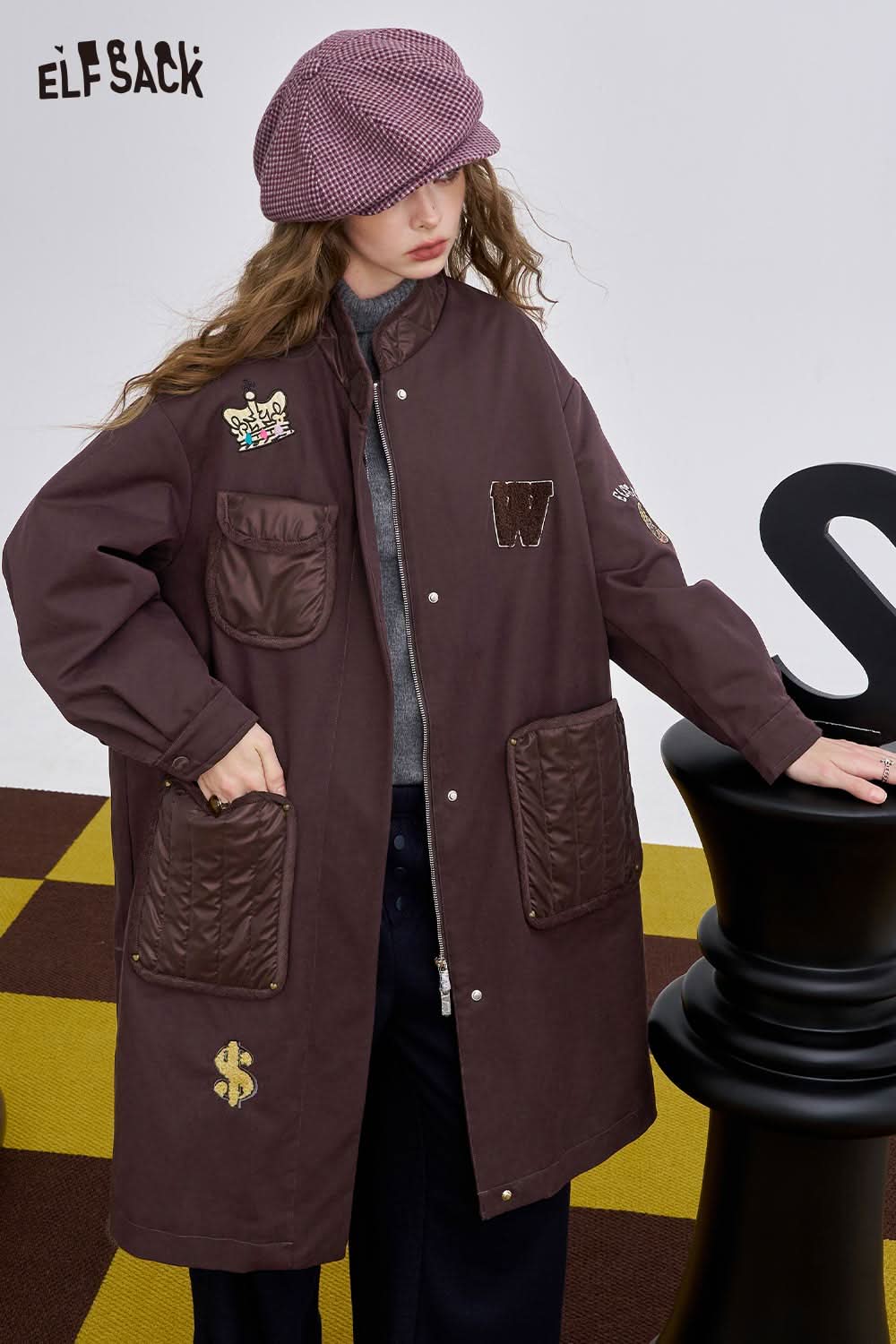 ELFSACK women's long cotton coat in brown with patch details and oversized fit for stylish warmth