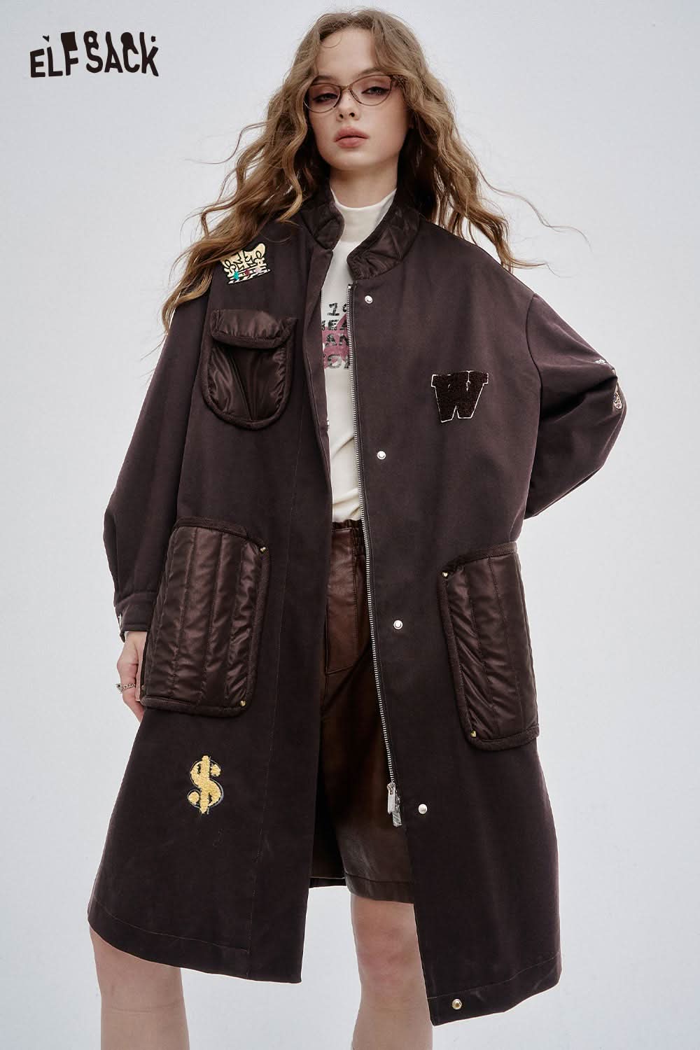 ELFSACK women's long cotton coat in dark brown with pockets and stylish details for casual wear
