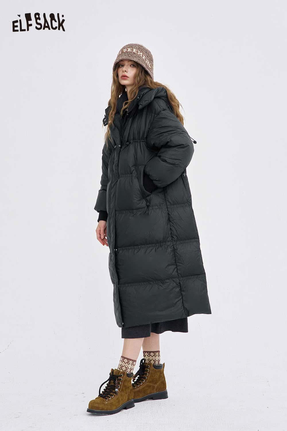Stylish women's long down coat with hood by ELFSACK, featuring a relaxed fit and cozy warmth