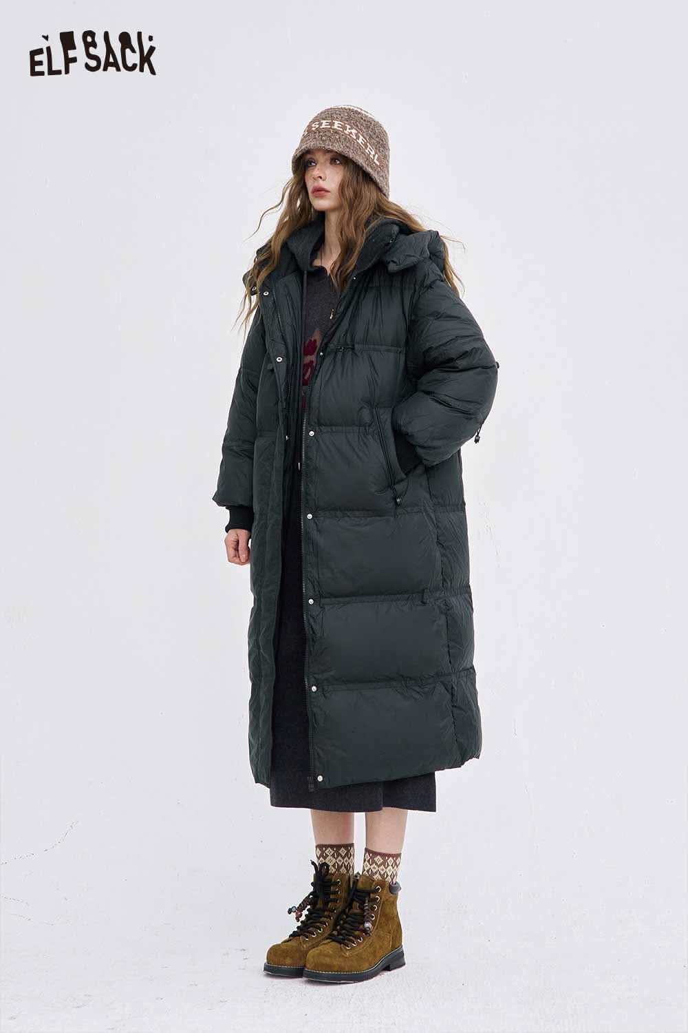 ELFSACK women's long down coat with hood, featuring a stylish design and cozy warmth for winter outings