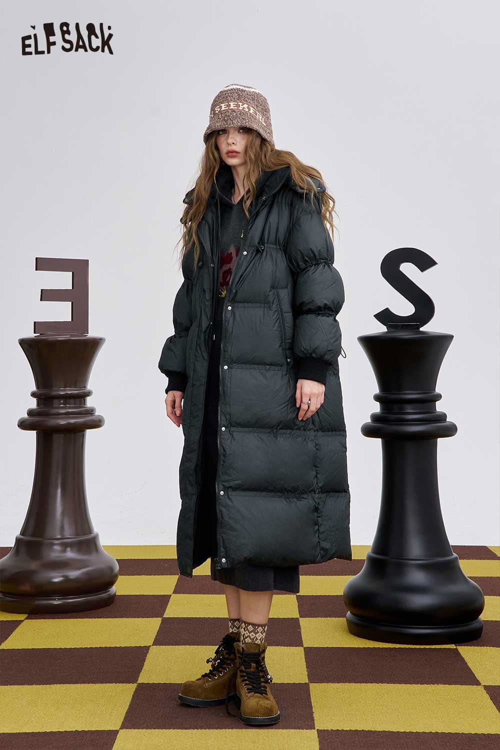 ELFSACK women's long down coat with hood in dark green for warmth and style in cold weather