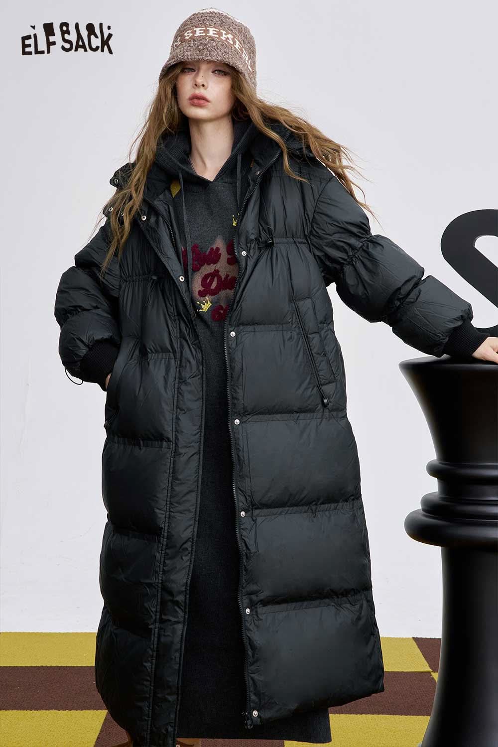ELFSACK women's long down coat with hood in black offering warmth and style for cold weather