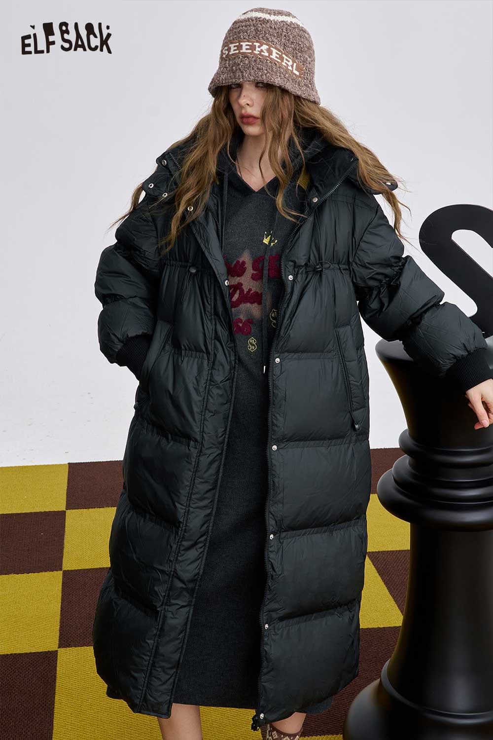 ELFSACK women's long down coat with hood in black for stylish warmth and comfort during winter