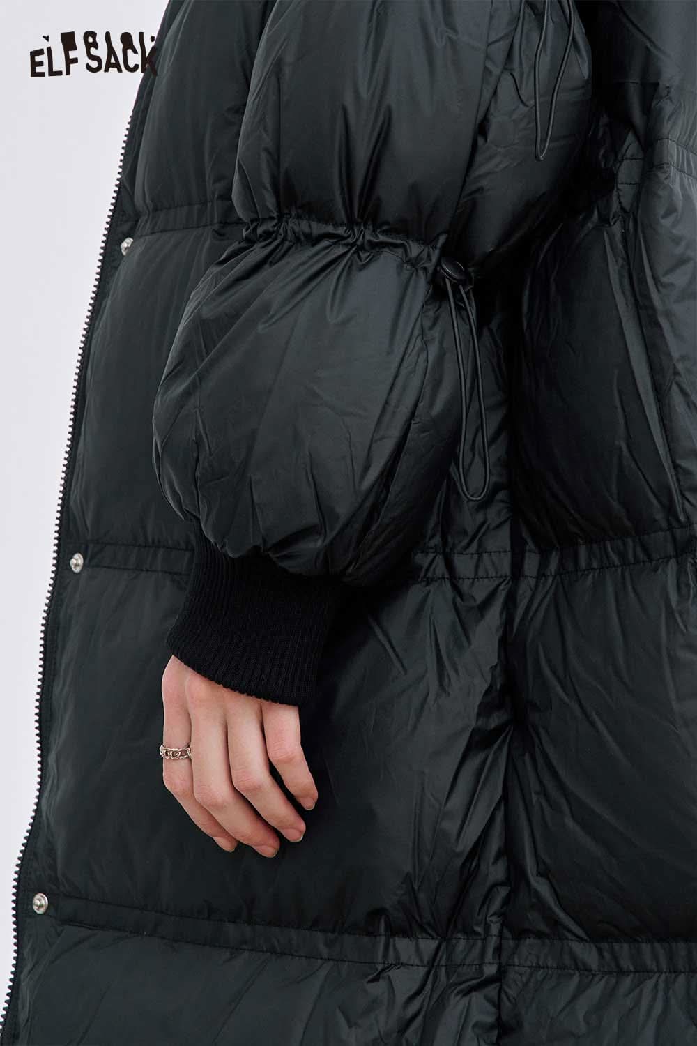 ELFSACK women's long down coat with hood in black featuring a puffy silhouette and elastic details