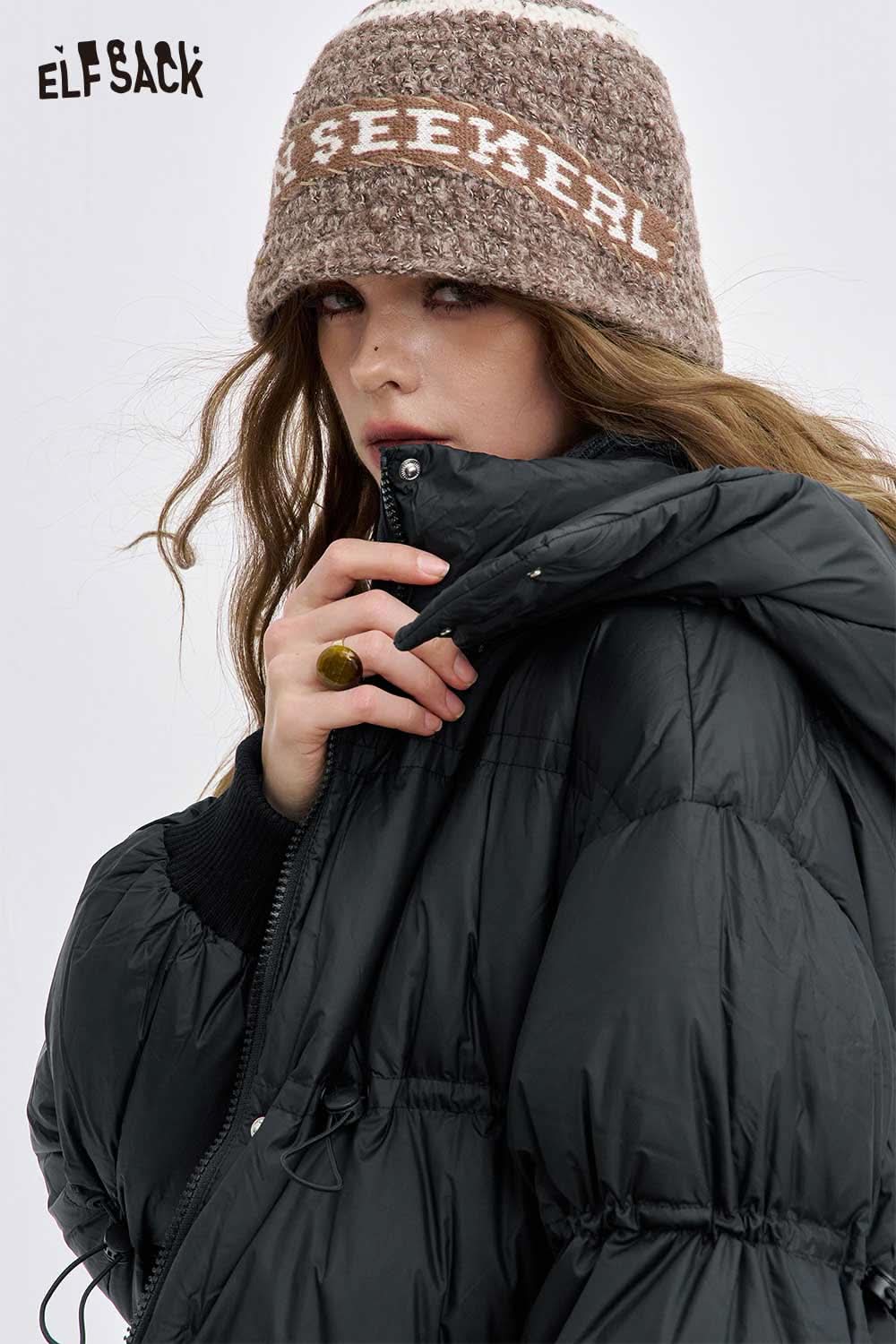 ELFSACK women's long down coat with hood in black, designed for warmth and style during cold weather