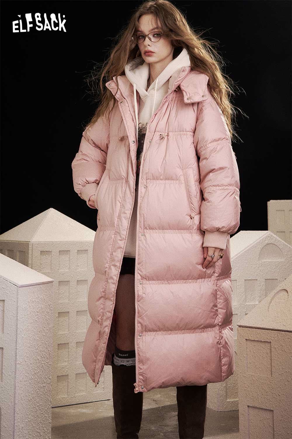 ELFSACK women's long down coat with hood in soft pink for stylish winter warmth