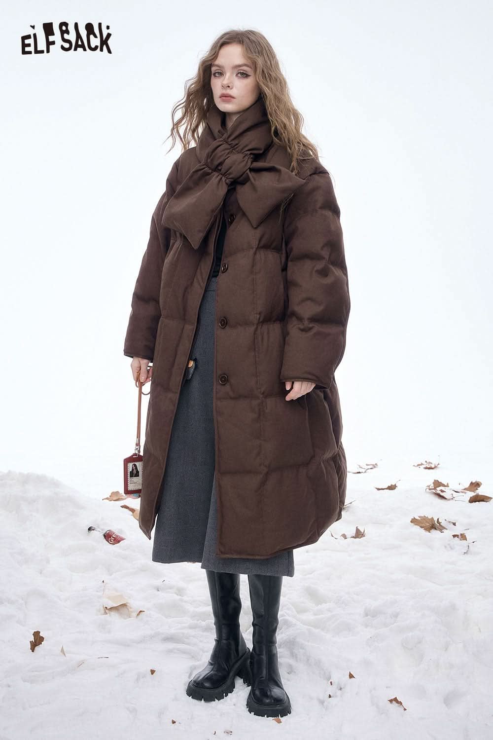 ELFSACK women's long down jacket with scarf in brown, perfect for winter warmth and style